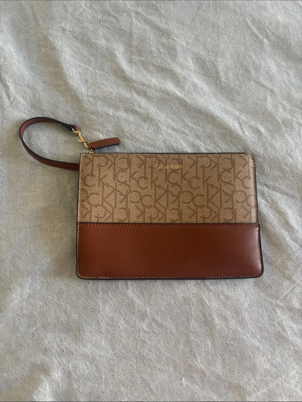 Calvin Klein Tan and Brown Signature Wristlet Pouch